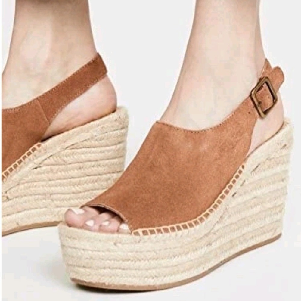 Soludos Sevilla Womens 8 Tan Suede Espadrille Wedge Slingback Sandals Peep Toe